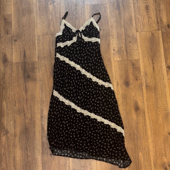 Wild Fable Women’s Lace Trim Midi Slip Dress Black/Tan Floral - Picture 3 of 6